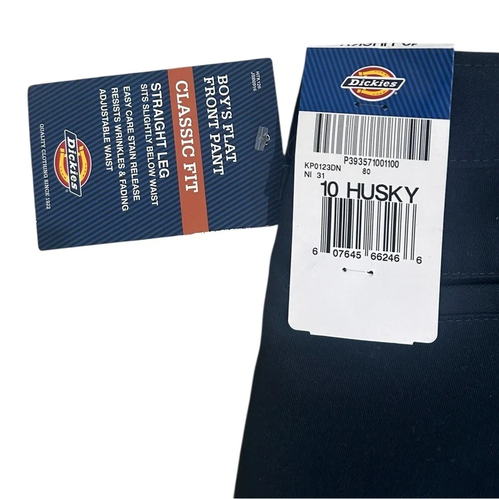 NWT Dickies navy flat front husky straight leg Pants reinforced knees 10 (boys)
